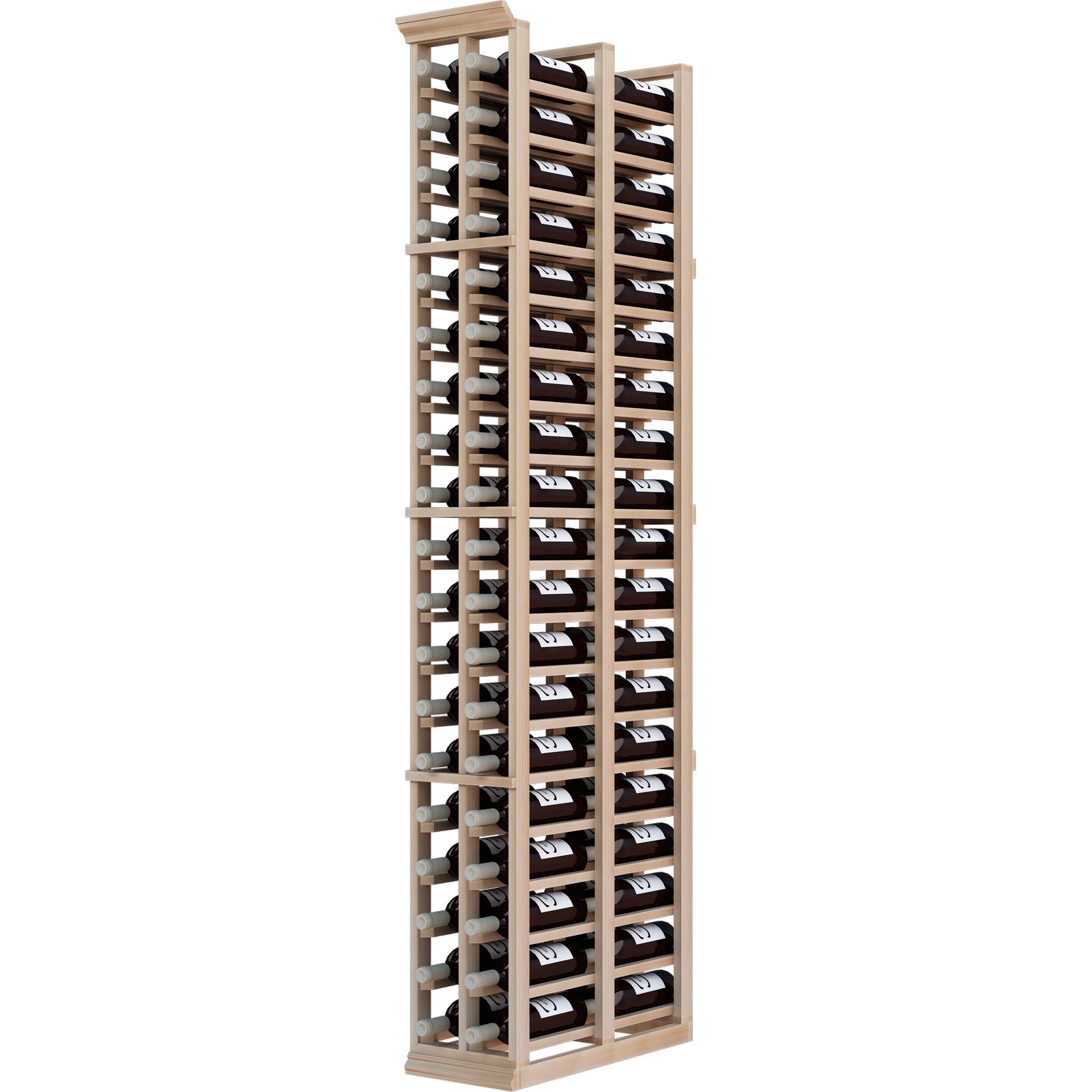 a wooden wine rack filled with bottles of wine on a white background .