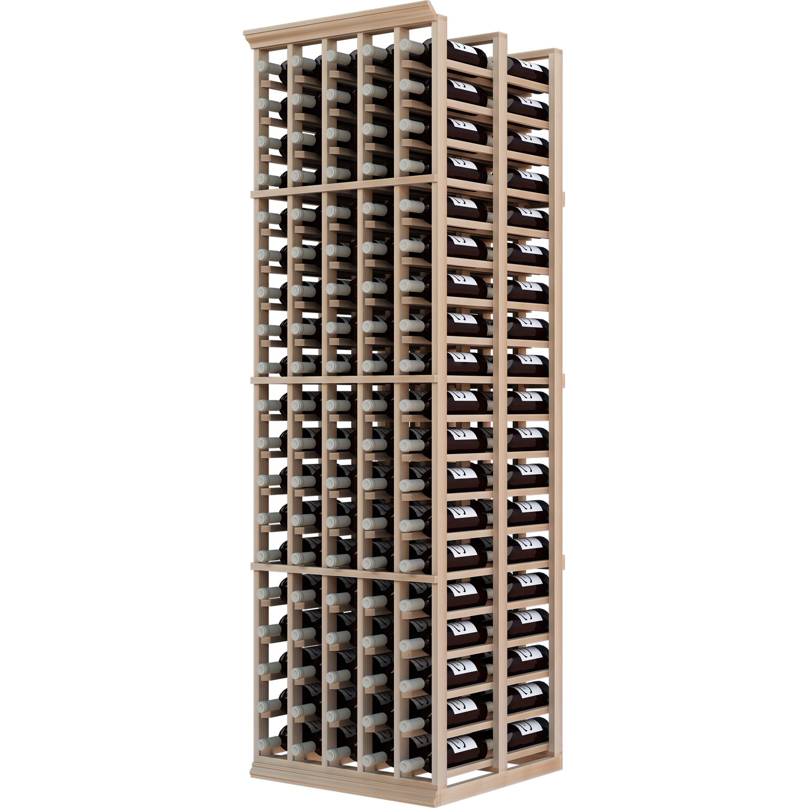 a wooden wine rack filled with many bottles of wine