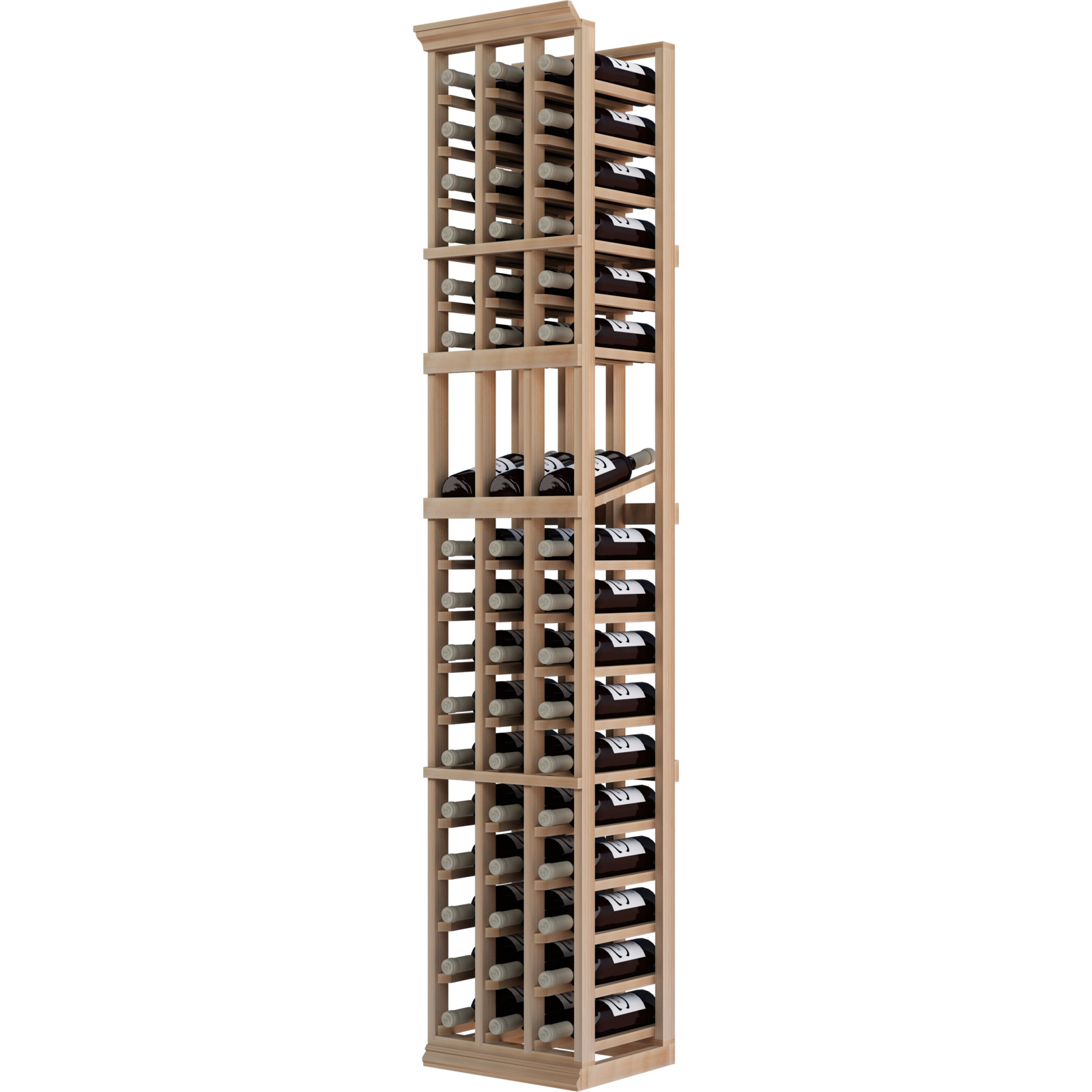 a wooden wine rack filled with bottles of wine on a white background .