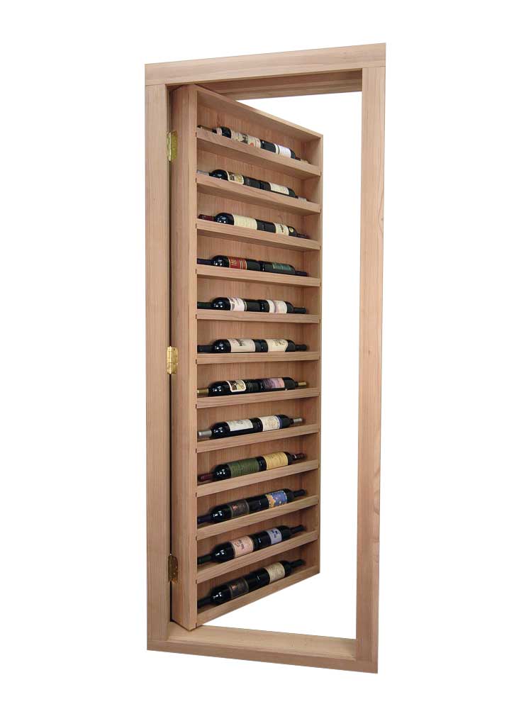 hidden door with built in vertical wine display cabinet